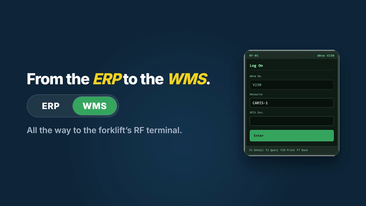 Moving from the ERP to the WMS and on to the forklift RF terminal: opening frame of the overview video.
