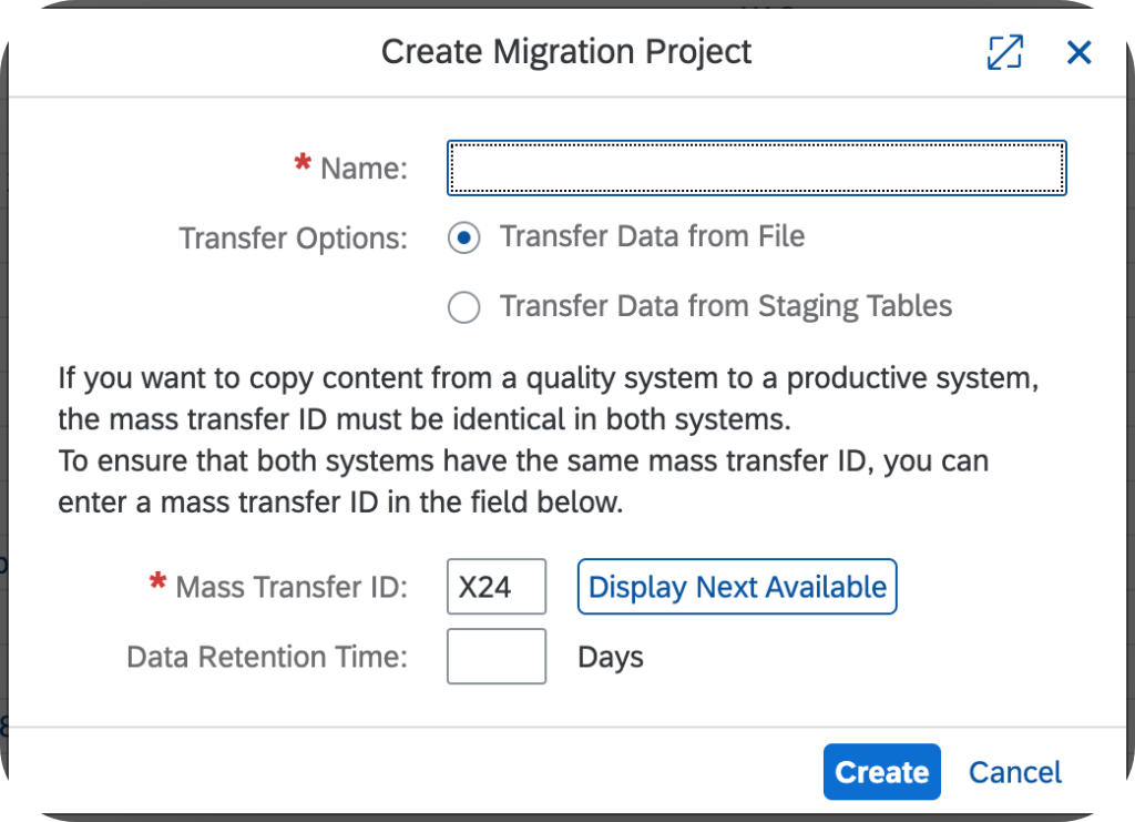 LTMC Create Migration Project