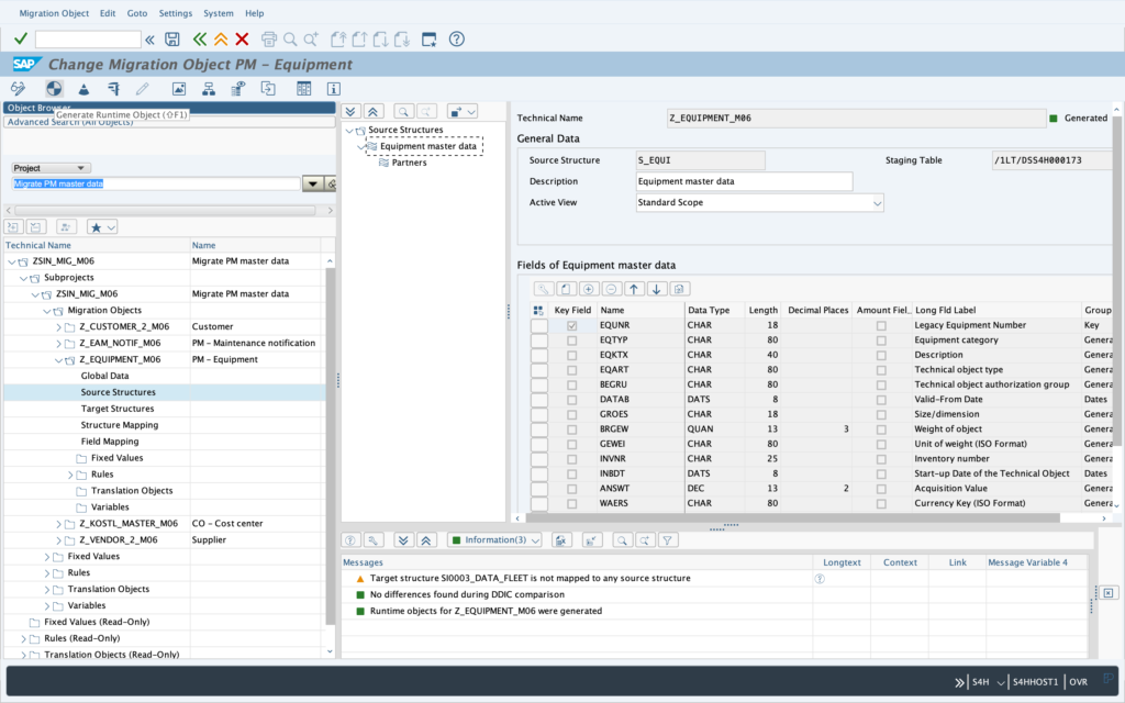 Generate Runtime Object LTMOM message d'avertissement Target Structure non liée