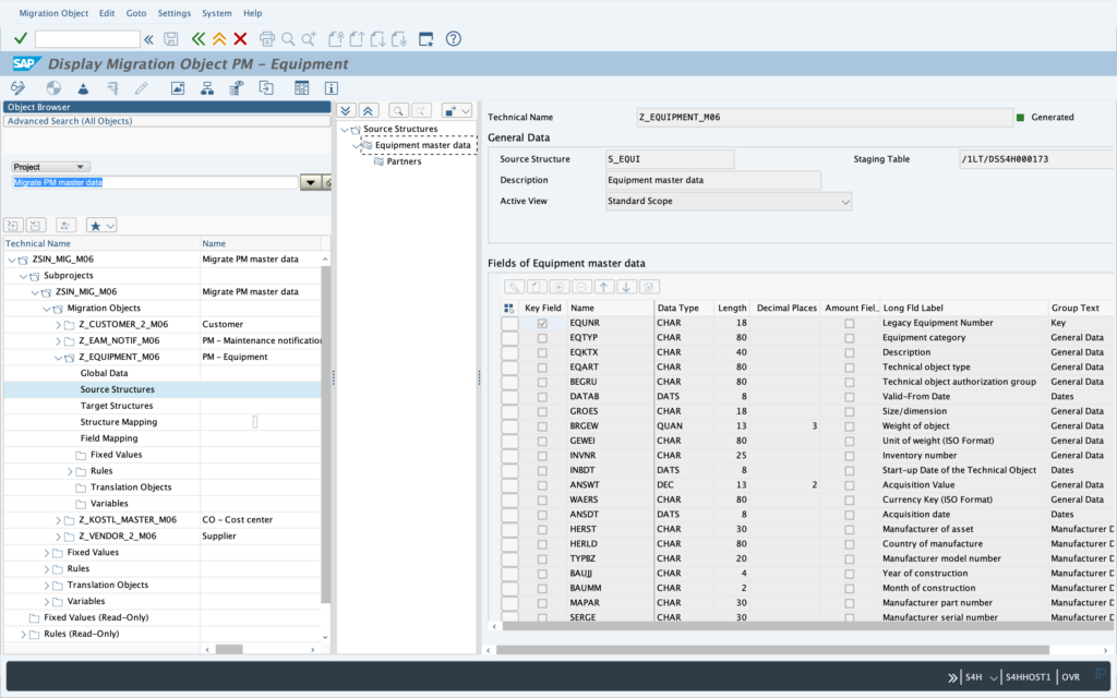 Source Structure LTMOM avec liste des champs du template Excel Equipment master data