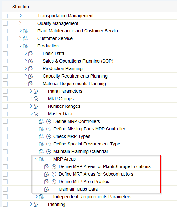 MRP areas Customizing SPRO screen list of defined areas