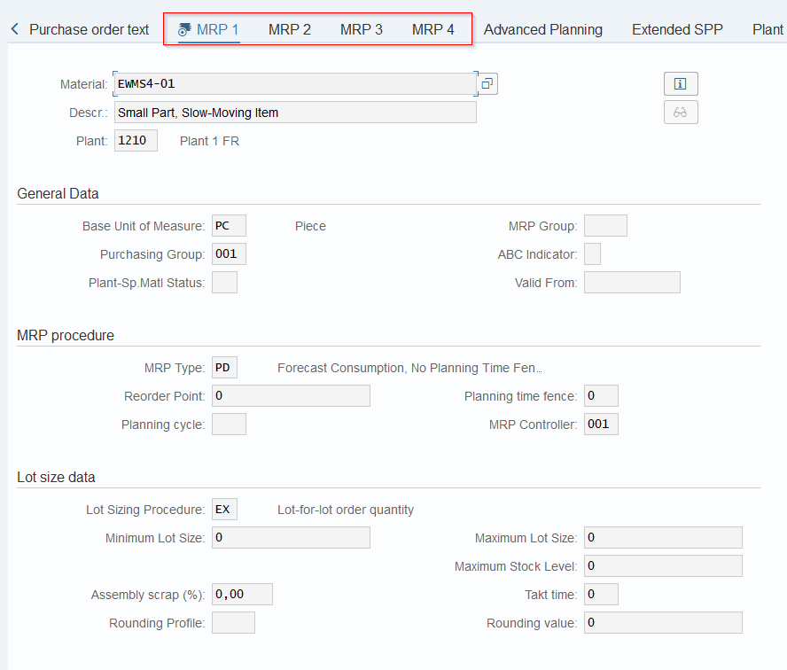SAP MRP1 view with standard parameters at plant level