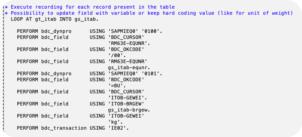 ABAP code generated automatically by SHDB from a recording