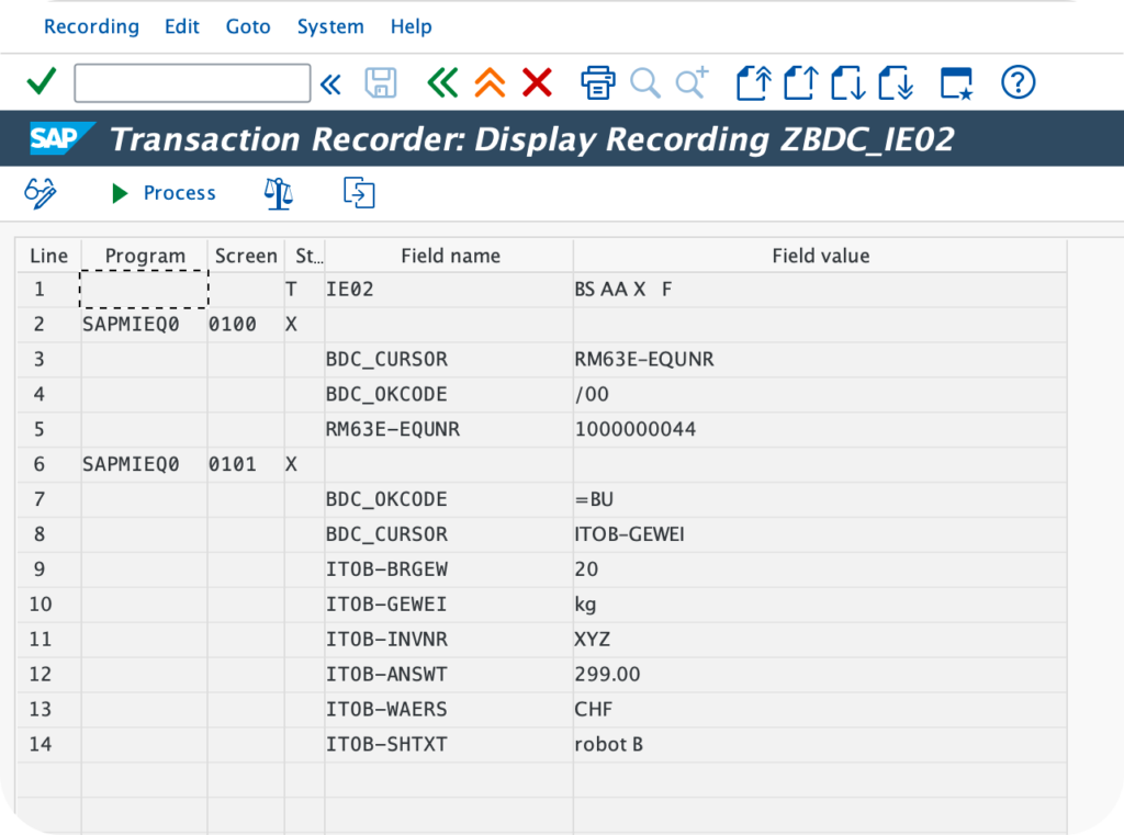 SHDB recording format with programs views fields and values