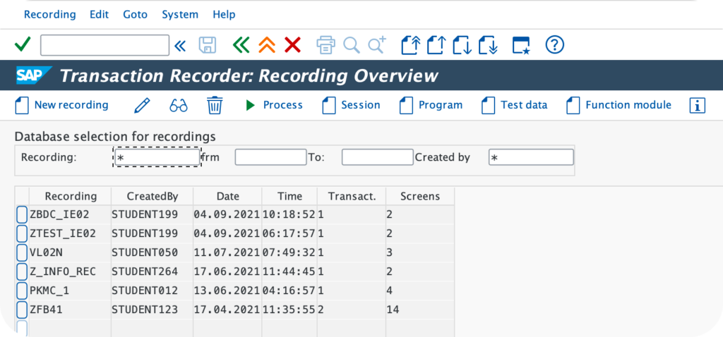 SHDB Transaction Recorder main screen for managing recordings
