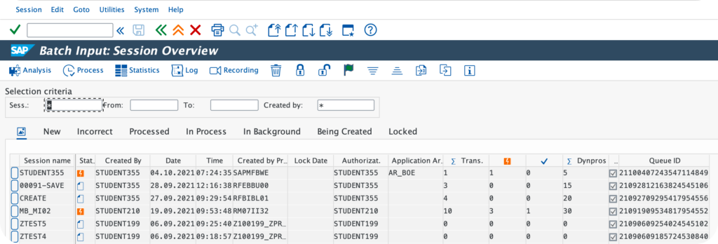 SM35 Batch Input Session Overview écran de pilotage des sessions