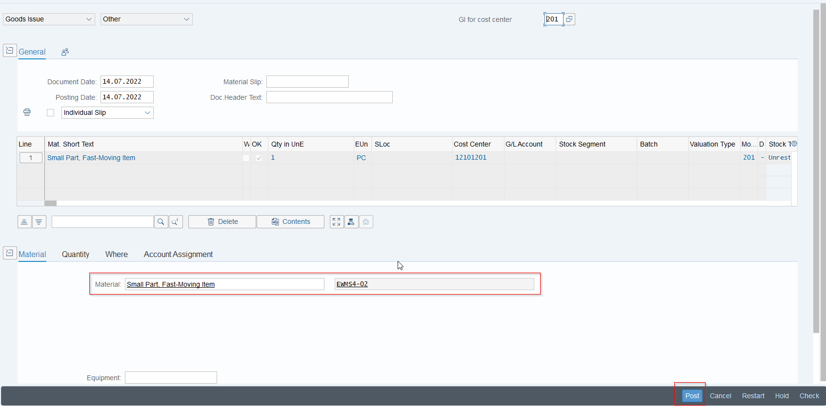 MIGO Goods Issue : sortie de marchandise movement type 201 pour cost center, material EWMS4-02.