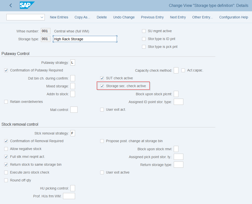 SAP customizing SPRO Change View Storage type definition Details : checkbox Storage sec. check active cochee dans la section Putaway Control pour le storage type 001 High Rack Storage.