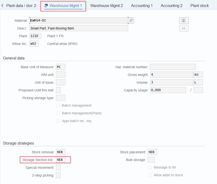 Vue Warehouse Management 1 du master article (MM02/MM03 onglet WM1) : section Storage strategies avec Storage Section Ind. (NEB).
