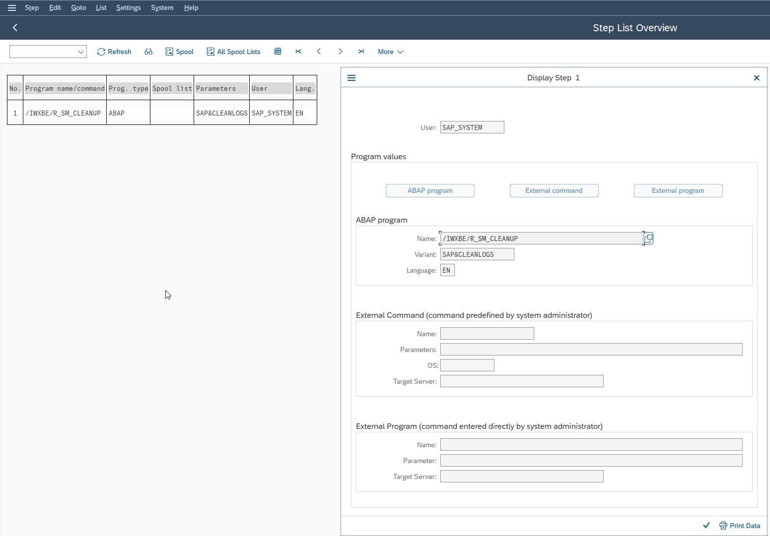 Écran SM36 de définition d'une étape de job SAP de type programme ABAP avec le nom du rapport et le nom de la variante renseignés