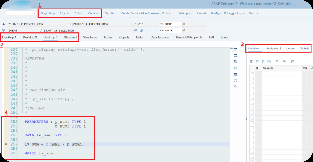 Layout du ABAP debugger annoté en 4 zones : boutons d'exécution, onglets desktops, zone des variables et code source