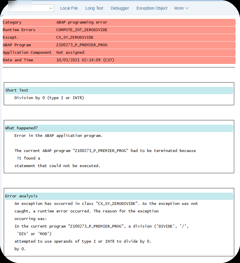 Dump SAP COMPUTE_INT_ZERODIVIDE avec la catégorie ABAP programming error, l'exception CX_SY_ZERODIVIDE et l'analyse d'erreur