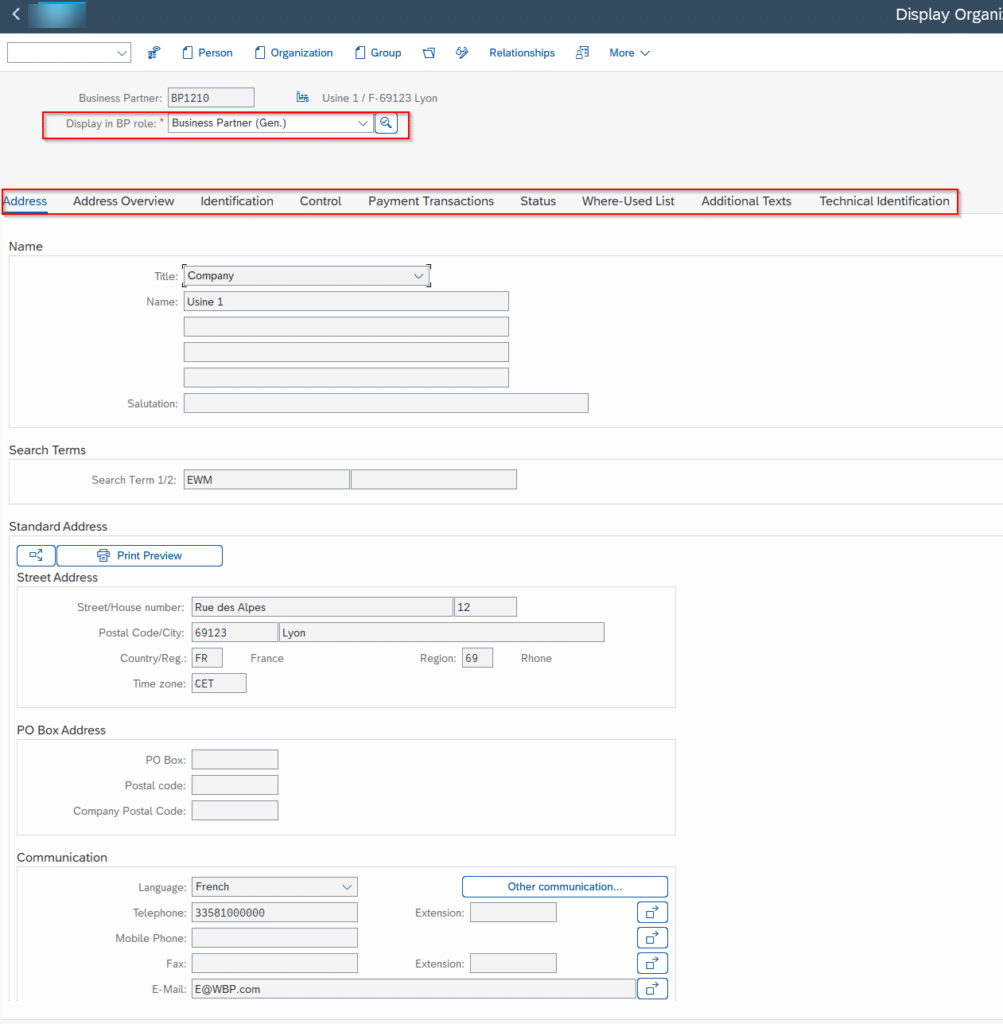 Fiche Business Partner affichée dans le rôle Business Partner General avec les onglets Address, Identification, Control, Payment Transactions et Status