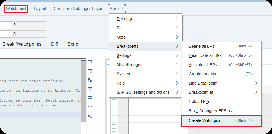 Menu Breakpoint at du ABAP debugger pour poser un arrêt sur une instruction, une méthode ou une exception