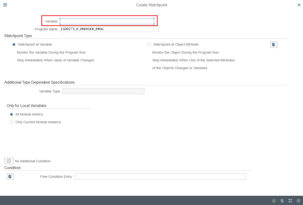 Dialog Create Watchpoint du ABAP debugger avec le choix de la variable, le type de watchpoint et la condition libre