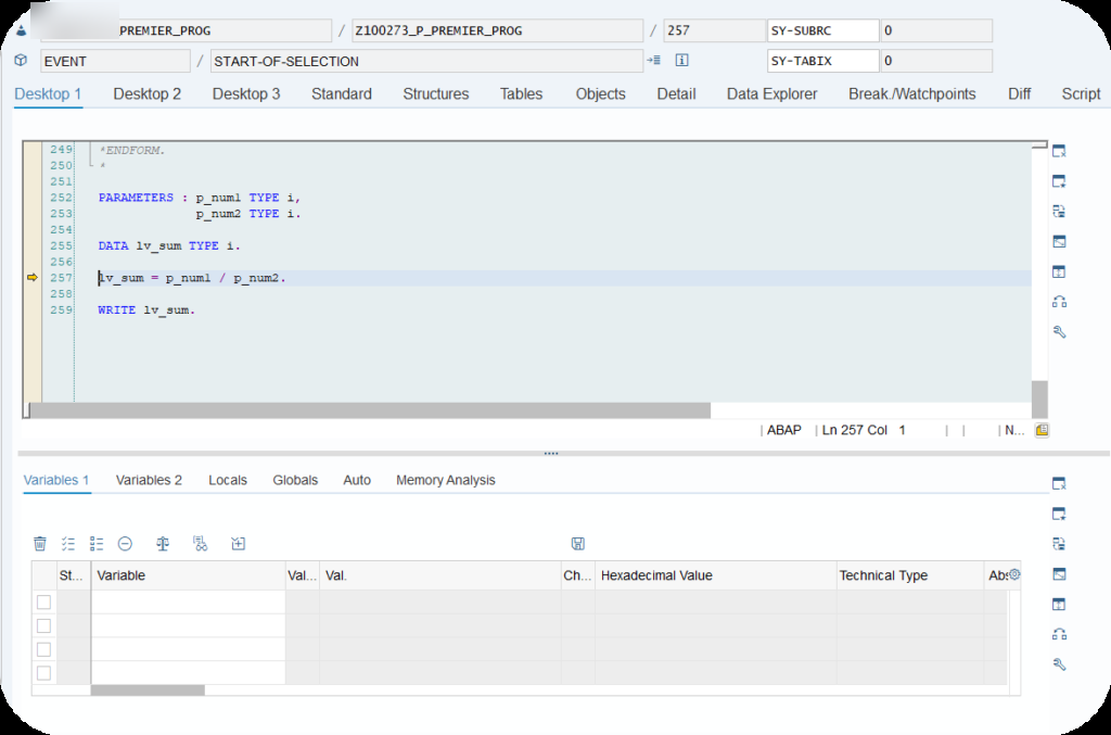 Présentation Desktop 1 du ABAP debugger avec code source et variables côte à côte