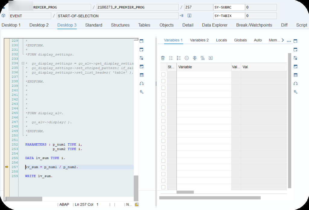 Présentation Desktop 3 du ABAP debugger avec une disposition alternative des zones