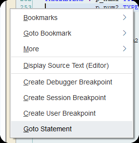 Option Goto Statement du menu contextuel du ABAP debugger pour déplacer le curseur d'exécution