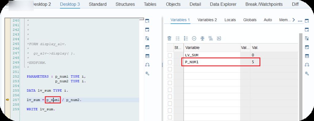 Onglet Variables 1 du ABAP debugger avec une variable ajoutée et sa valeur affichée