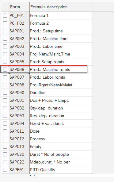 Liste des formules standard SAP avec SAP001 Setup time, SAP002 Machine time, SAP006 Machine requirements et SAPF01 PRT Quantity