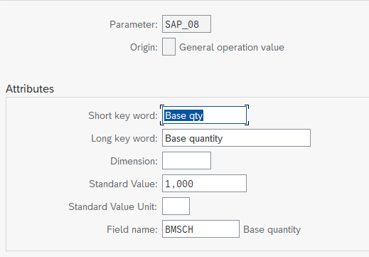 Détail du paramètre SAP_08 Base Quantity avec sa description, son unité et le champ SAP lié