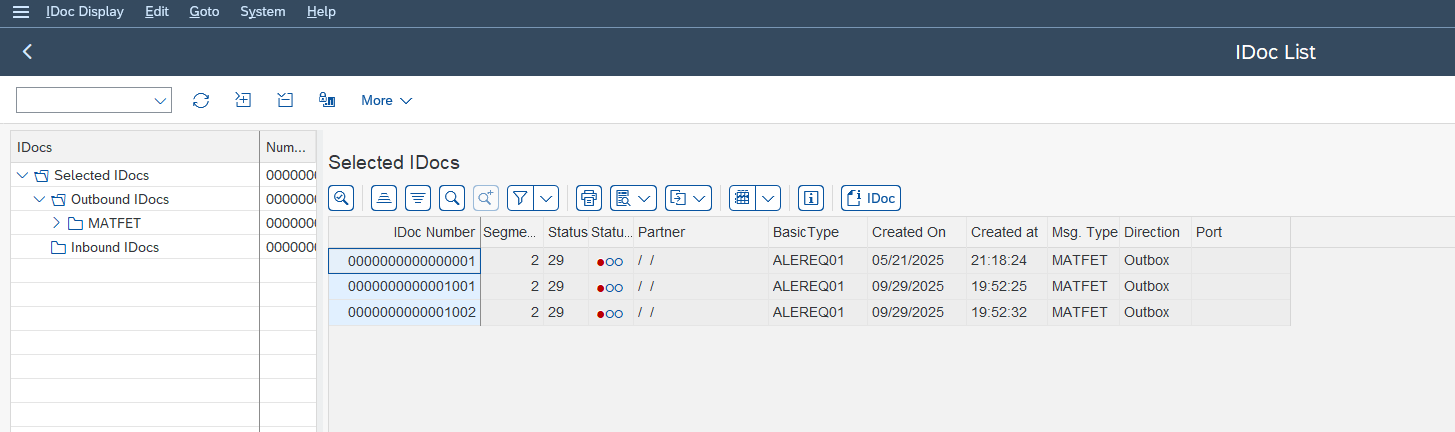 Liste d'IDocs dans la transaction SAP WE05 montrant le sens, le type de message et le statut de chaque IDoc.