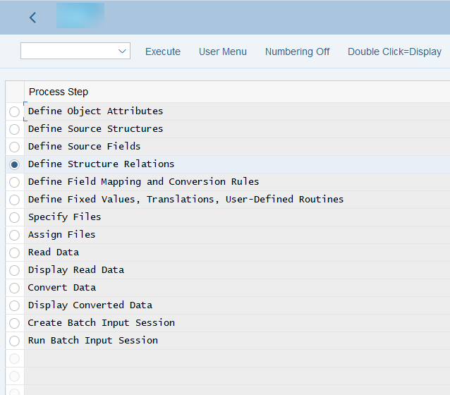 Liste des 14 Process Steps de la transaction LSMW dans SAP GUI, de Define Object Attributes à Run Batch Input Session