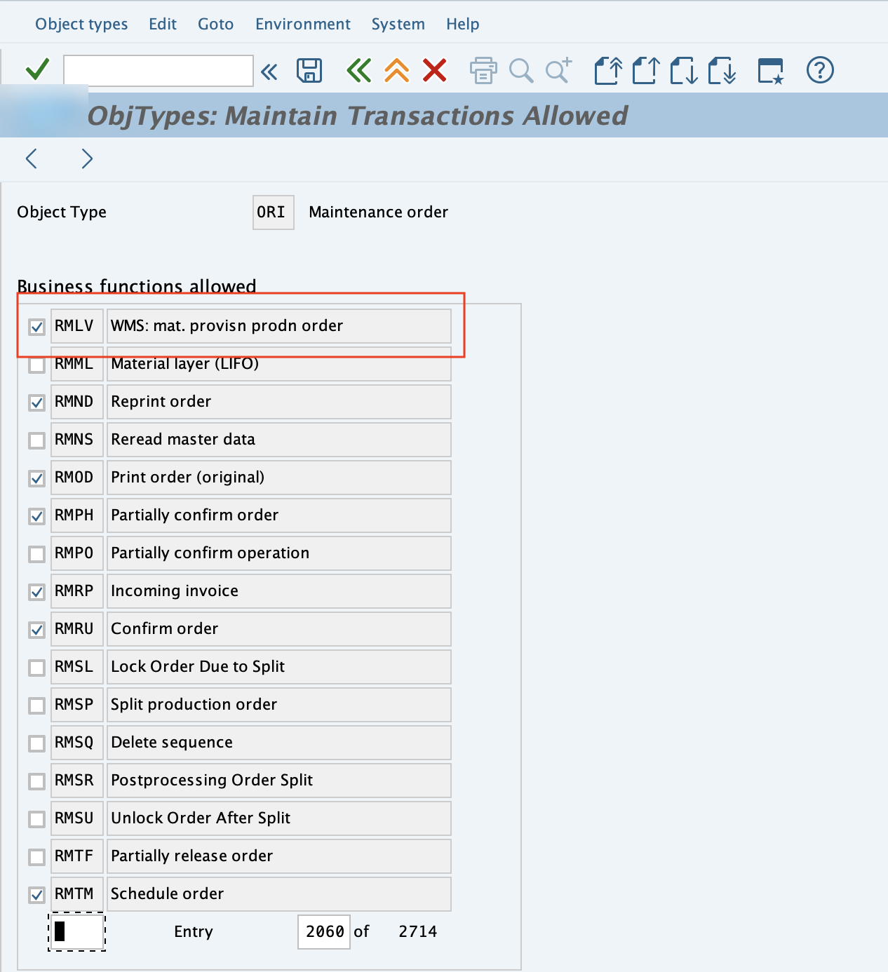 Transaction BS12, object type ORI Maintenance order, case RMLV WMS mat. provisn prodn order cochée