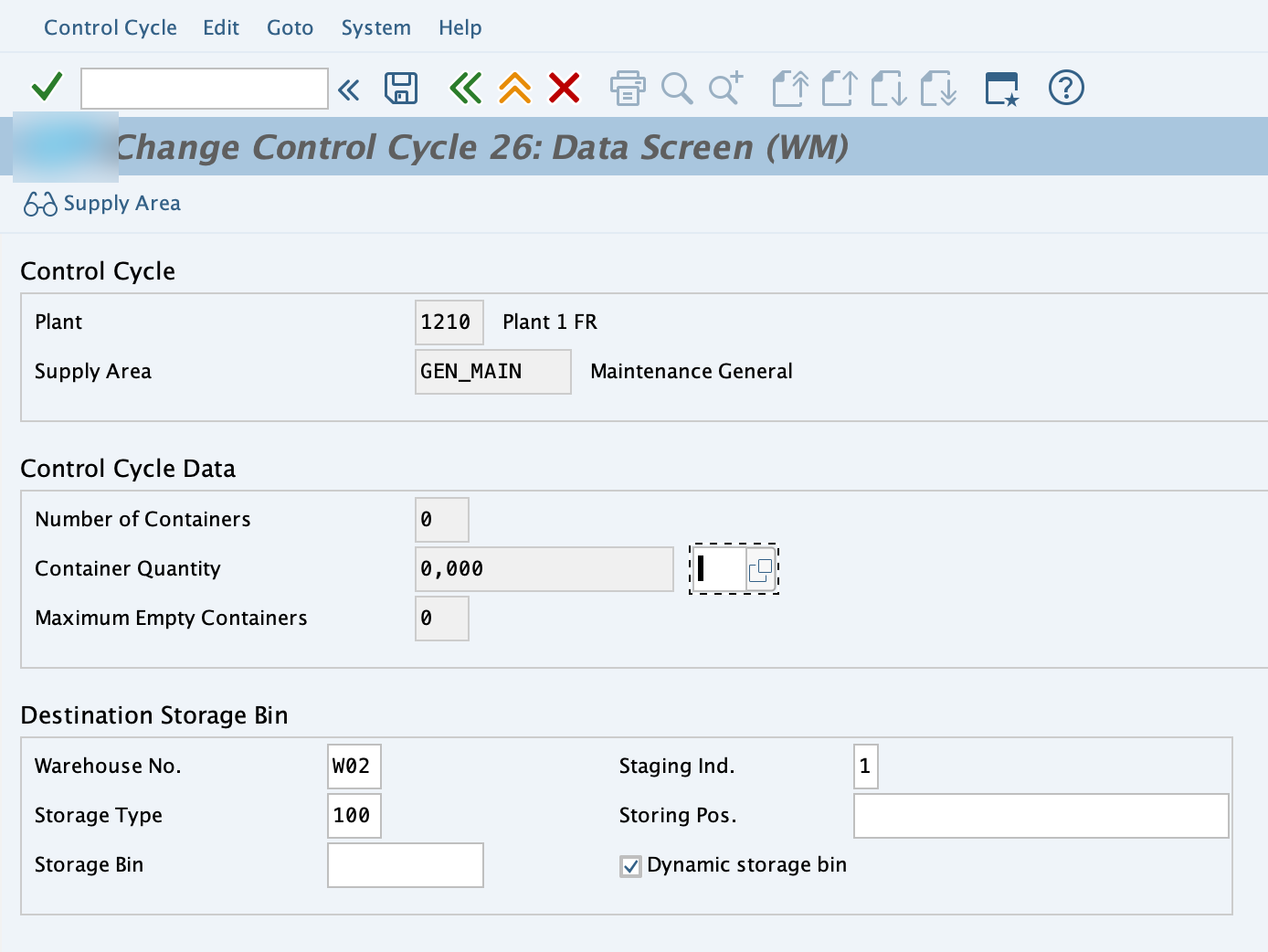 Control Cycle dans LPK1 : supply area GEN_MAIN, warehouse W02, storage type 100, case Dynamic storage bin cochée