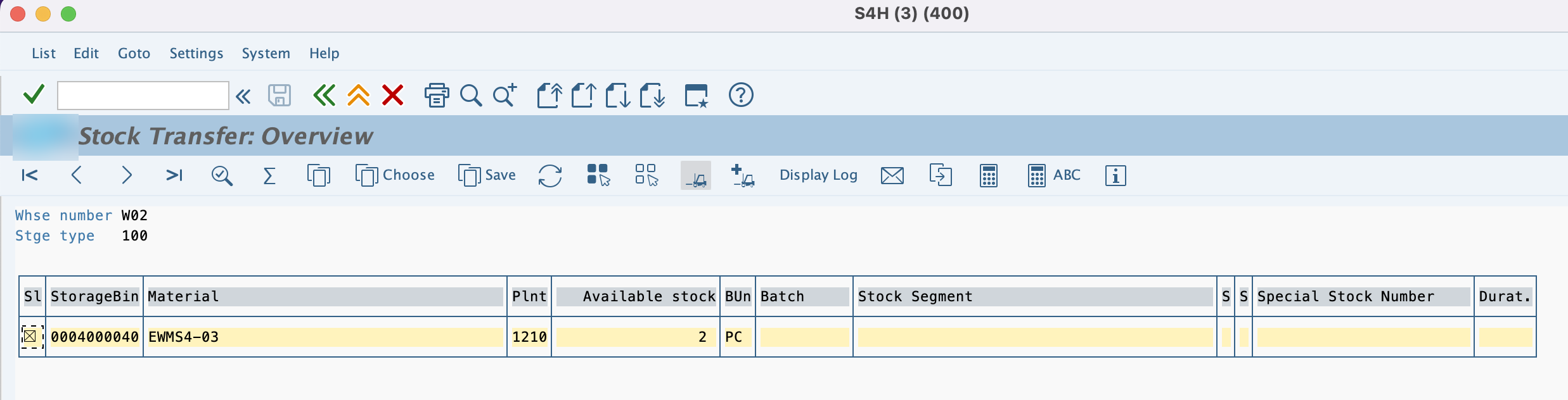 Transaction LT10, Stock Transfer Overview : la bin 0004000040 du storage type 100 avec 2 pièces EWMS4-03 sélectionnée pour retour