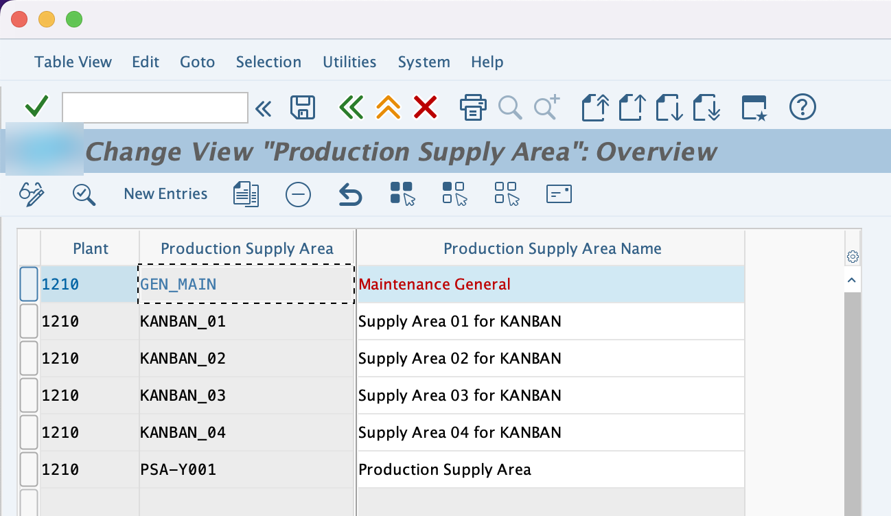 Transaction PK05, liste des Production Supply Areas du plant 1210 avec GEN_MAIN Maintenance General