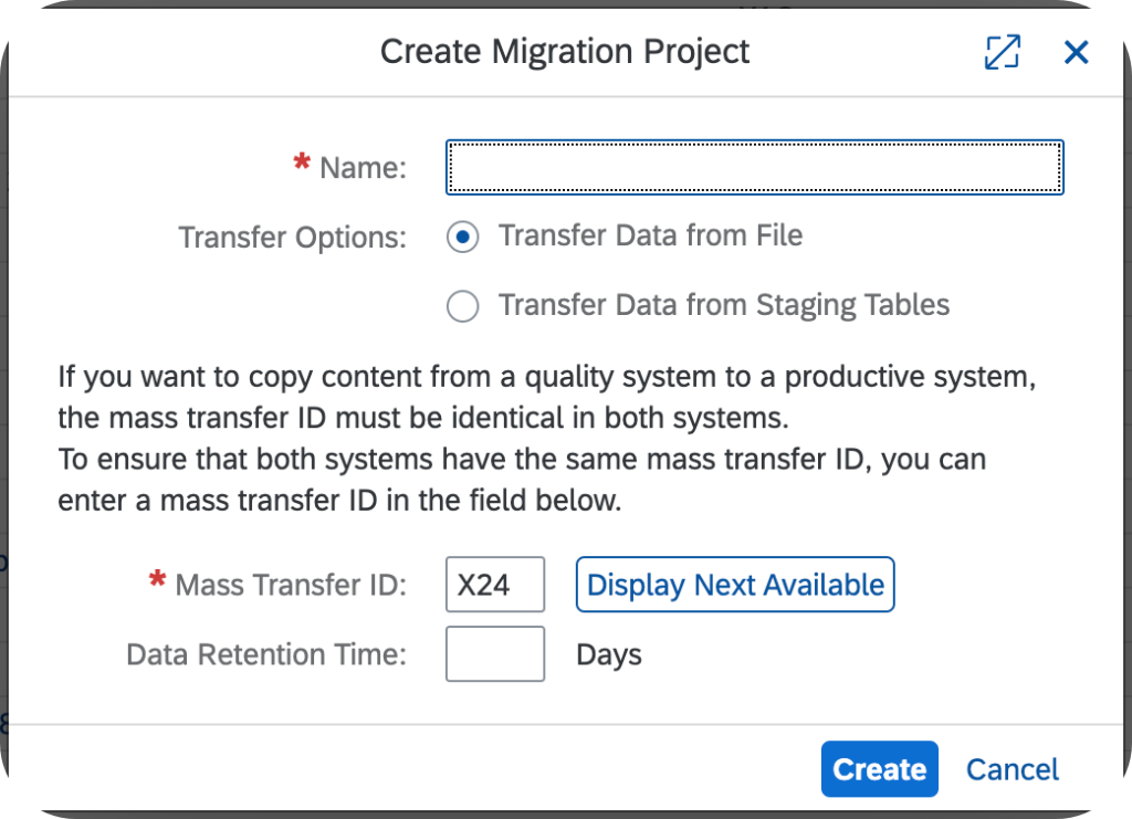 Boîte de dialogue Create Migration Project dans Migrate Your Data : choix entre Transfer Data from File et Transfer Data from Staging Tables, champ Mass Transfer ID