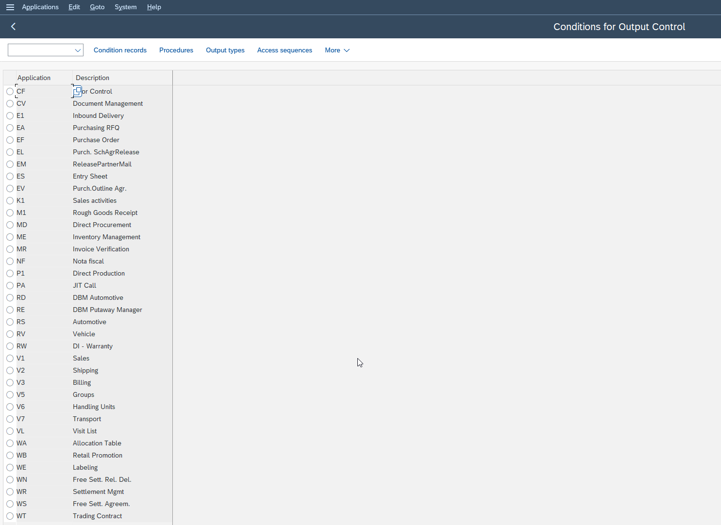 Écran d'accueil de la transaction NACE : liste des applications de l'output management (V1 ventes, V3 facturation) donnant accès aux types de message et séquences d'accès