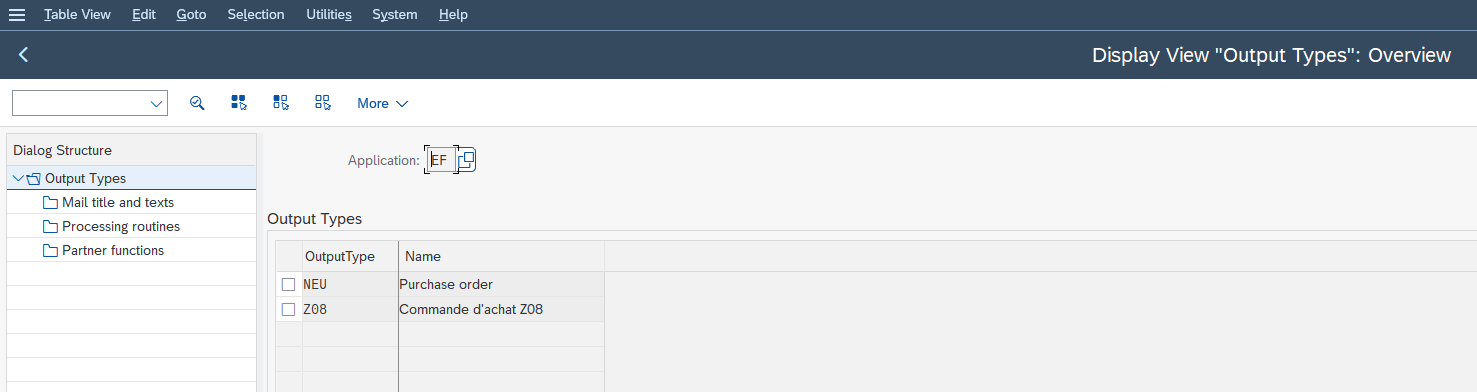 Customizing des output types dans NACE pour une application (commande d'achat) : liste des types de message NEU et Z08 et structure de paramétrage (titres de mail, routines de traitement, fonctions partenaires)