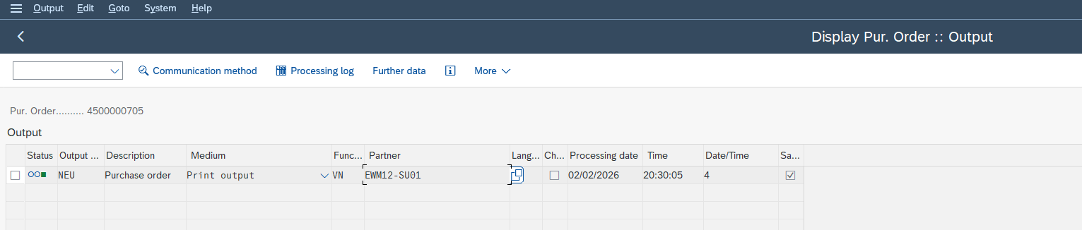 Écran de sortie d'une commande d'achat SAP : le message déterminé NEU avec son support de sortie Print output, sa fonction partenaire et son statut de traitement