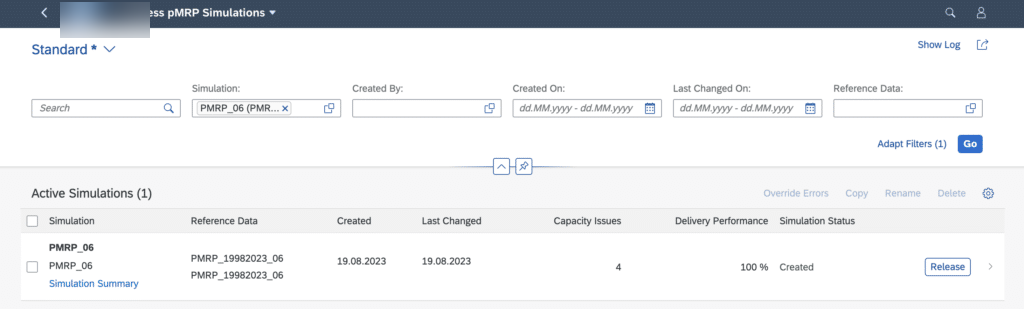 Liste des simulations dans Process pMRP Simulations avec les colonnes Capacity Issues, Delivery Performance et statut