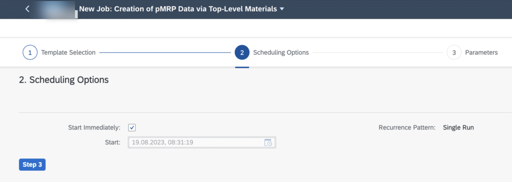 Assistant de création du job pMRP, étape 2 Scheduling Options pour lancer immédiatement ou planifier le job