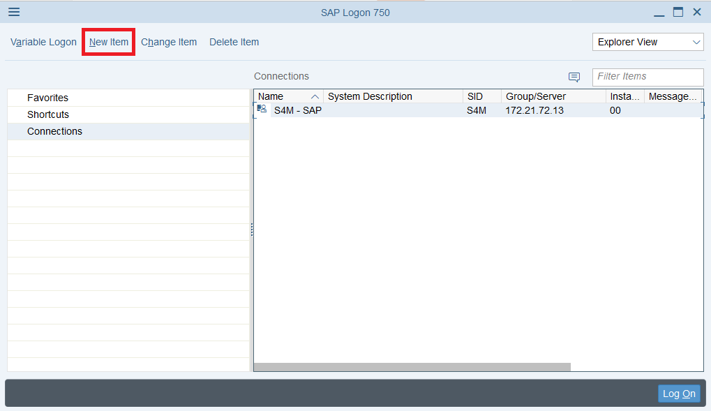 Fenêtre SAP Logon 750 avec la liste des connexions et le bouton New Item encadré