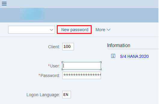 Écran de connexion SAP avec les champs Client, User, Password, Logon Language et le bouton New password encadré