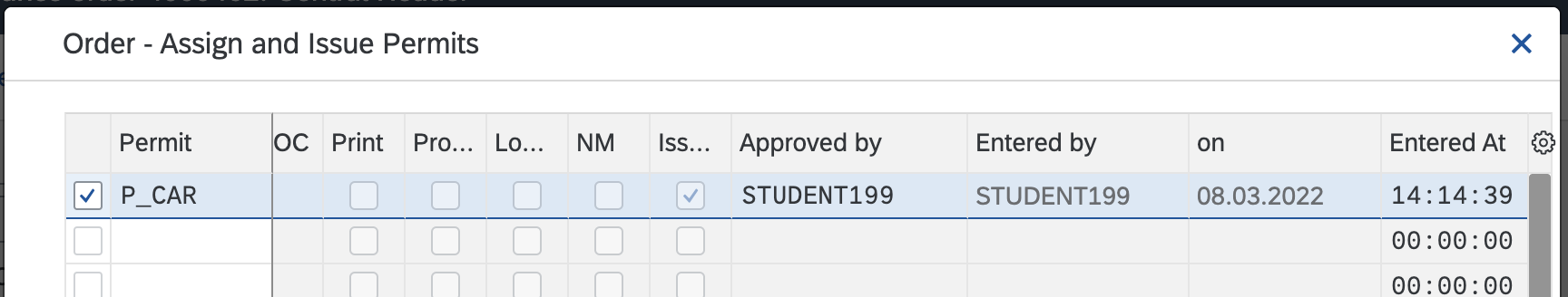 Pop-up Order Assign and Issue Permits avec le permis P_CAR émis : Approved by, Entered by, date et heure