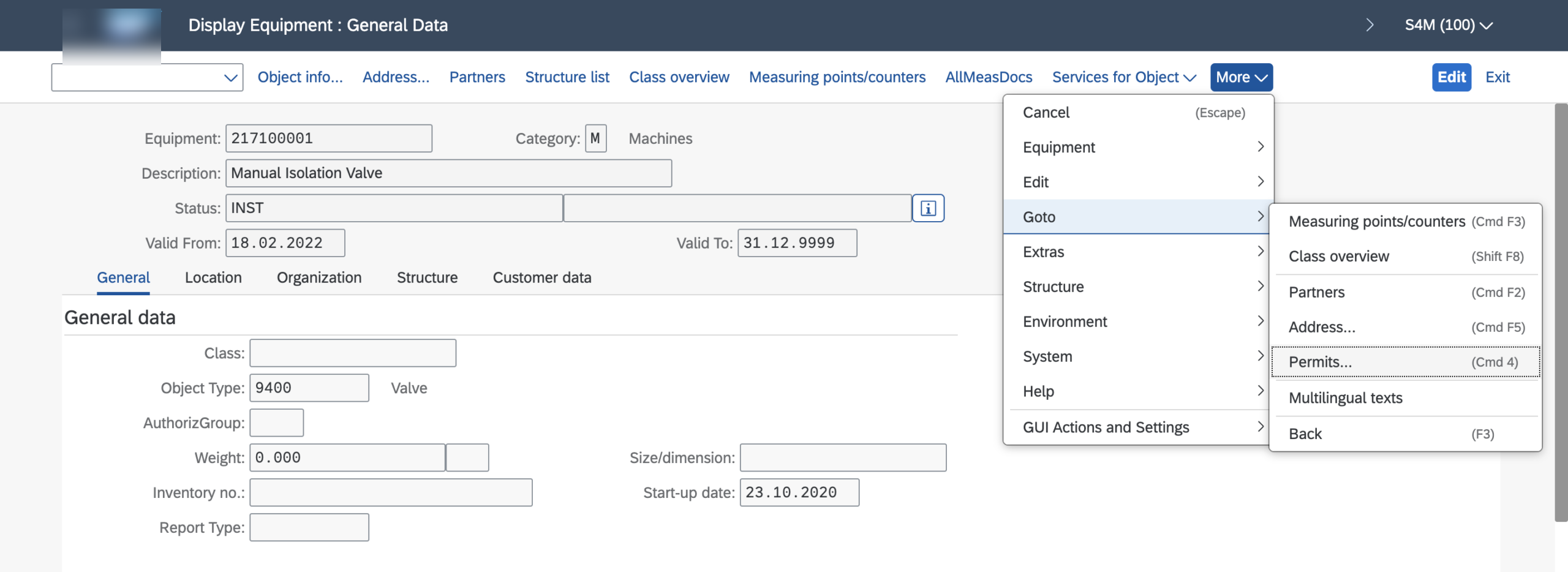 Fiche equipment dans SAP PM avec le menu Goto ouvert et l'entrée Permits sélectionnée