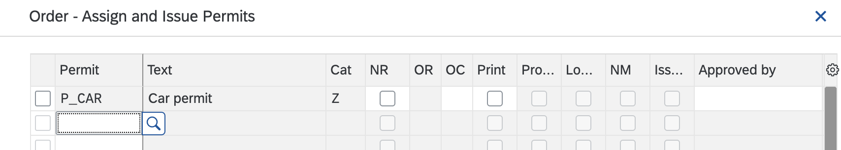 Pop-up Order Assign and Issue Permits avec le permis P_CAR Car permit assigné à l'ordre