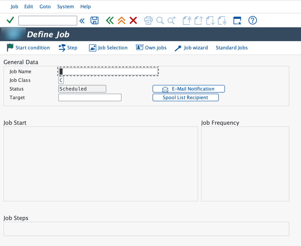 Écran SM36 Define Job avec Job Name, Job Class, statut Scheduled et les boutons Start condition, Step et Job wizard