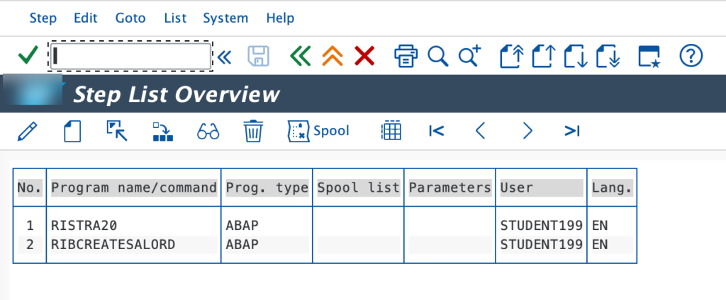 Liste des steps d'un job SAP avec deux programmes ABAP exécutés séquentiellement