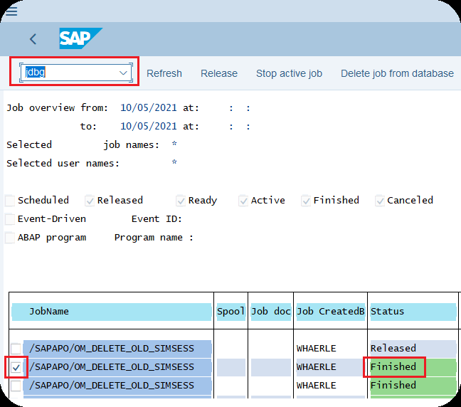 Transaction SM37 avec un job sélectionné et la commande jdbg pour le rejouer en mode debug