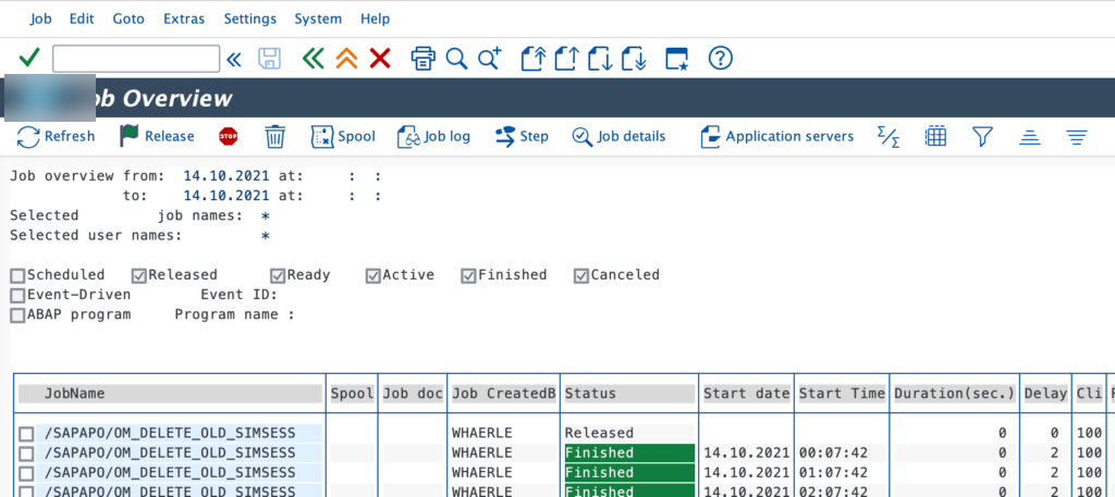 Liste Job Overview de SM37 avec les colonnes JobName, Status, Start date, Duration et Delay, statuts Finished en vert