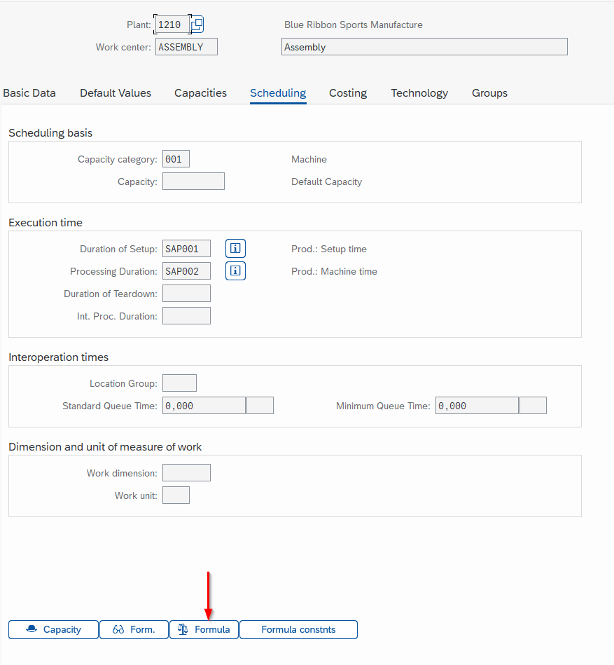Écran Test Formula avec les valeurs d'essai operation quantity, base quantity, splits et standard values setup machine labor