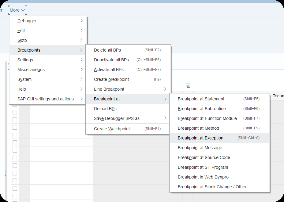 Menu du ABAP debugger listant les types de breakpoints disponibles au clic droit