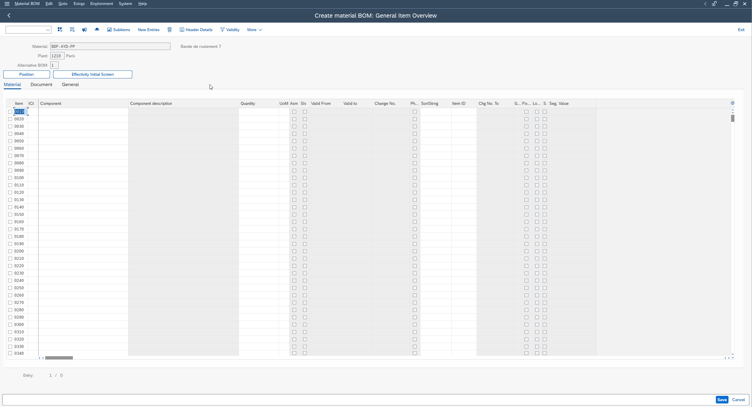 SAP CS01 create BOM screen (Create material BOM: General Item Overview) with manufactured material, plant and the component grid