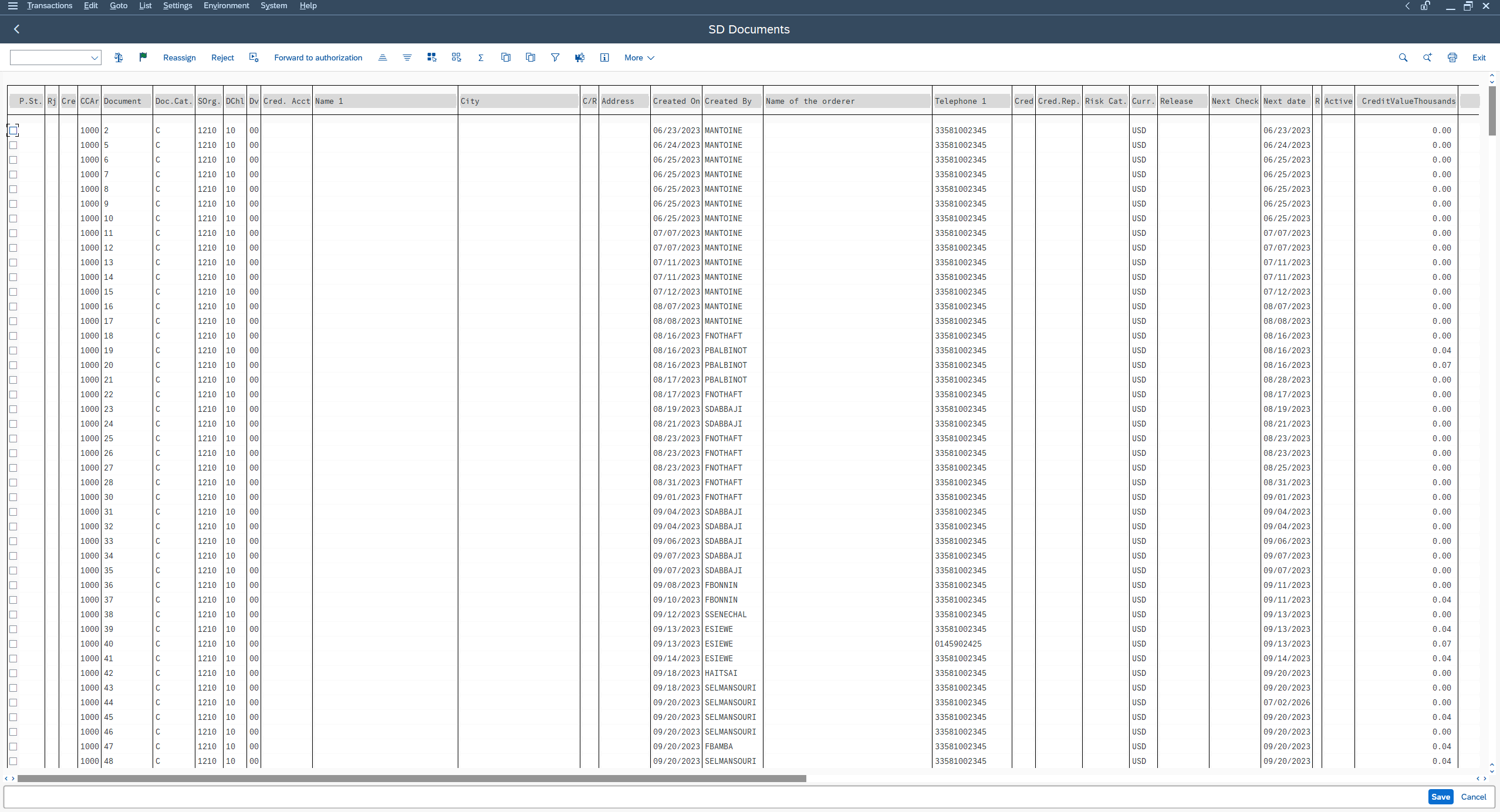 SAP VKM3 screen showing a sales order with its credit status before release